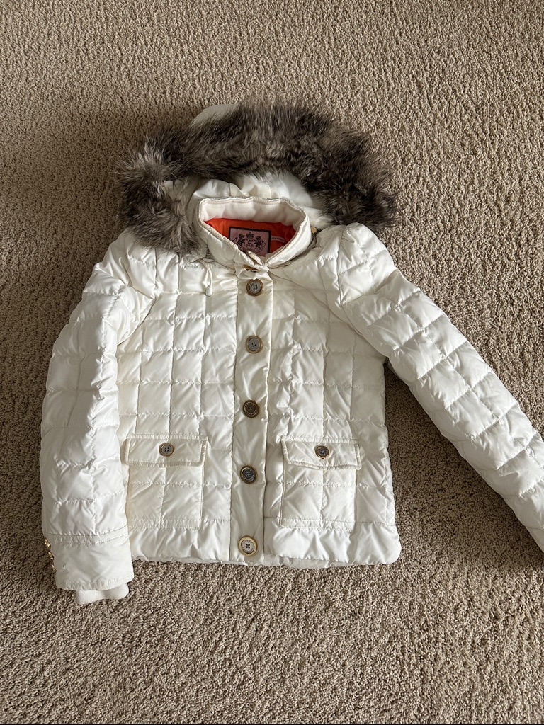 Juicy Couture White Quilted Puffer Coat With Faux Fur Hood